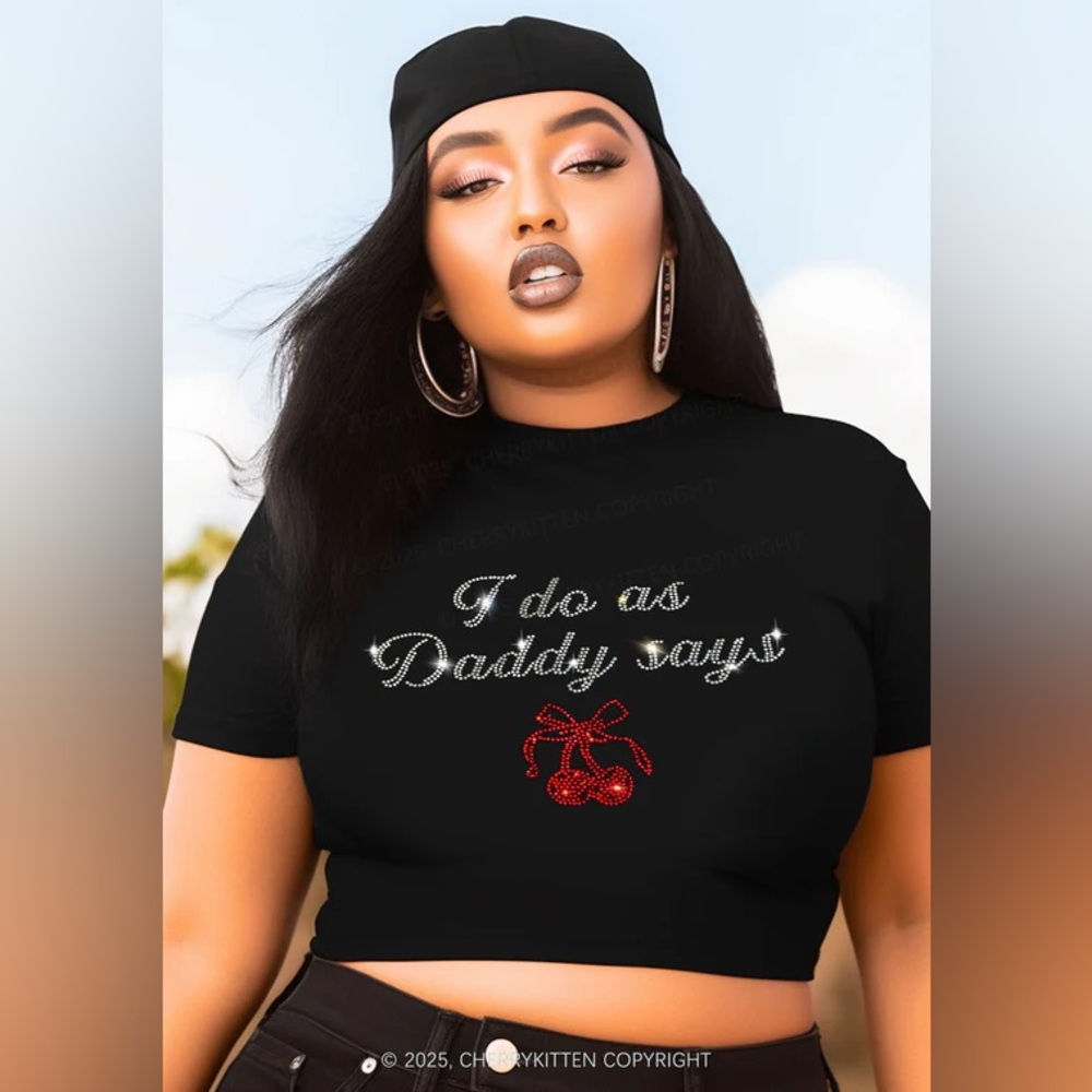 Black Short Sleeve Crop Tee with Rhinestone 'I Do As Daddy Says'